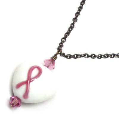 SET Pink Ribbon Awareness White Lamp Work Glass Heart Chain Necklace and Earrings - image2